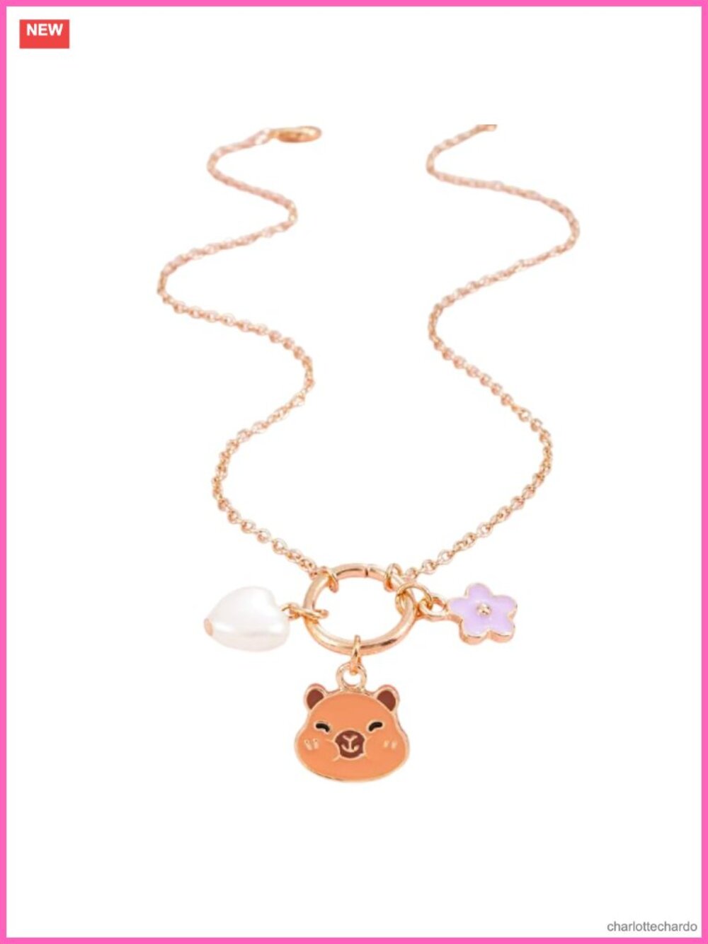 Capybara Charm Necklace Gold Tone Chain Pearl Heart Flower Pendant